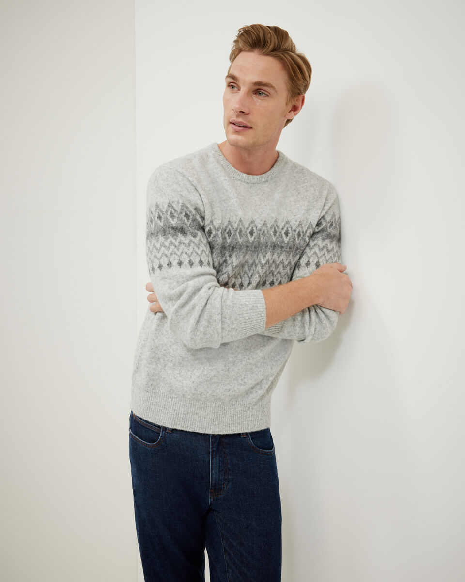 Fairisle Crew Neck Knit, Grey Marle, hi-res